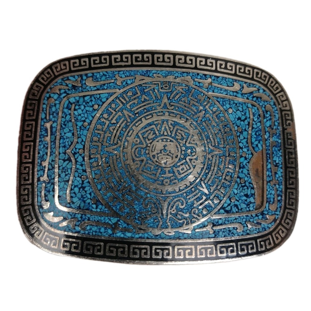 Vintage Taxco Aztec Mayan Sun Calendar Belt Buckle Inlaid Turquoise Mosiac